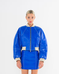 bomber en cuir bleu de la marque de luxe made in France Raphael de Lacroix